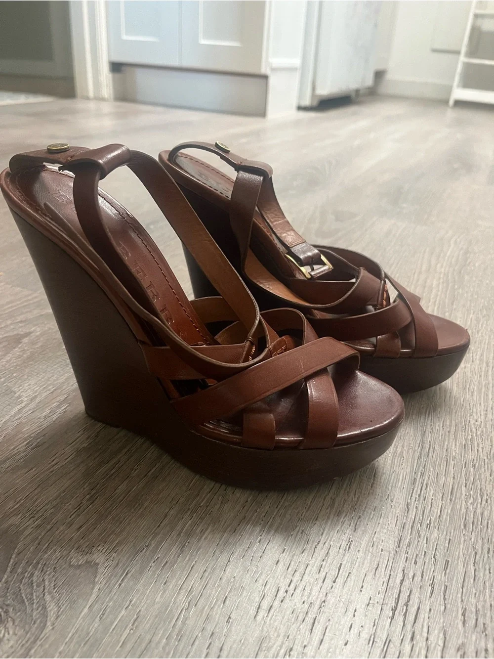 Burberry heels 37 Leather Wedge Sandals Brown Shoes summer